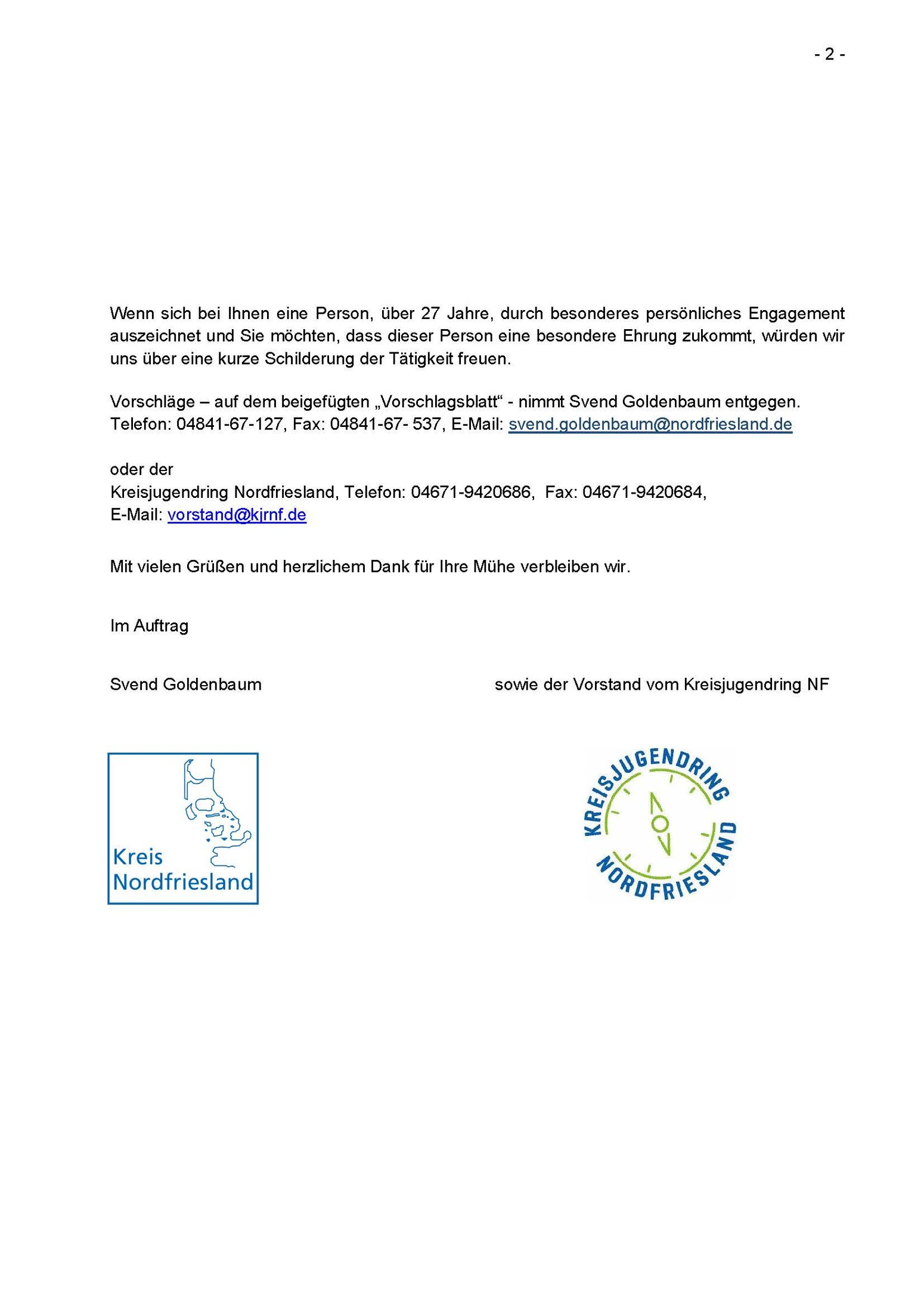 Anschreiben Ehrenamtstag vom Kreis NF. Der Kreis NF bittet um Vorschläge für eine Ehrung von besonders engagierten Menschen über 27 Jahren der Kinder- und Jugendarbeit in NF.