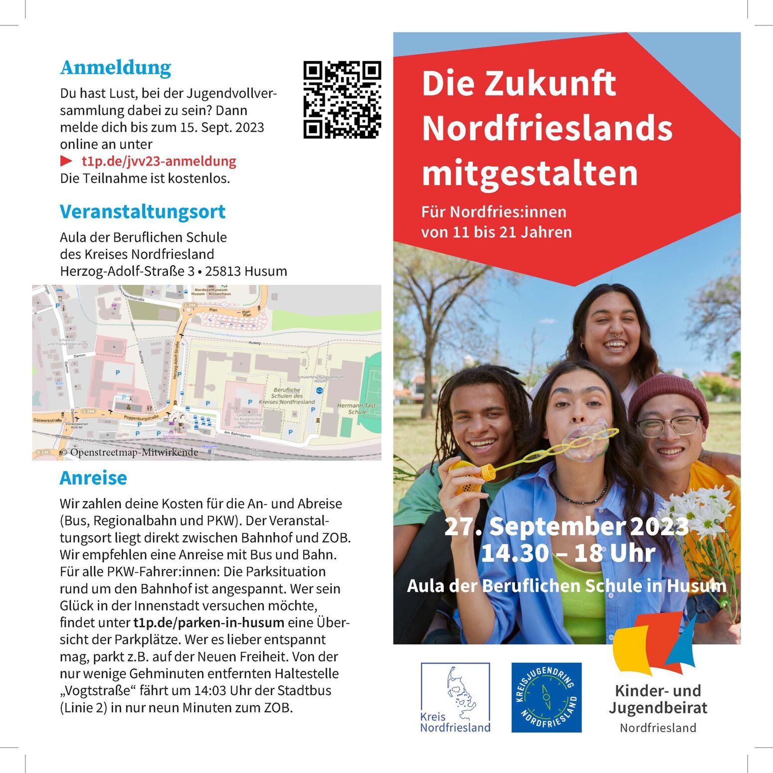 Flyer zum Thema "Die Zukunft Nordfrieslands mitgestalten". Auf der Vorderseite sind vier junge Menschen abgebildet, die in die Kamera schauen. Im Vordergrund pustet ein dunkelhaariges Mädchen Seifenblasen in die Kamera.