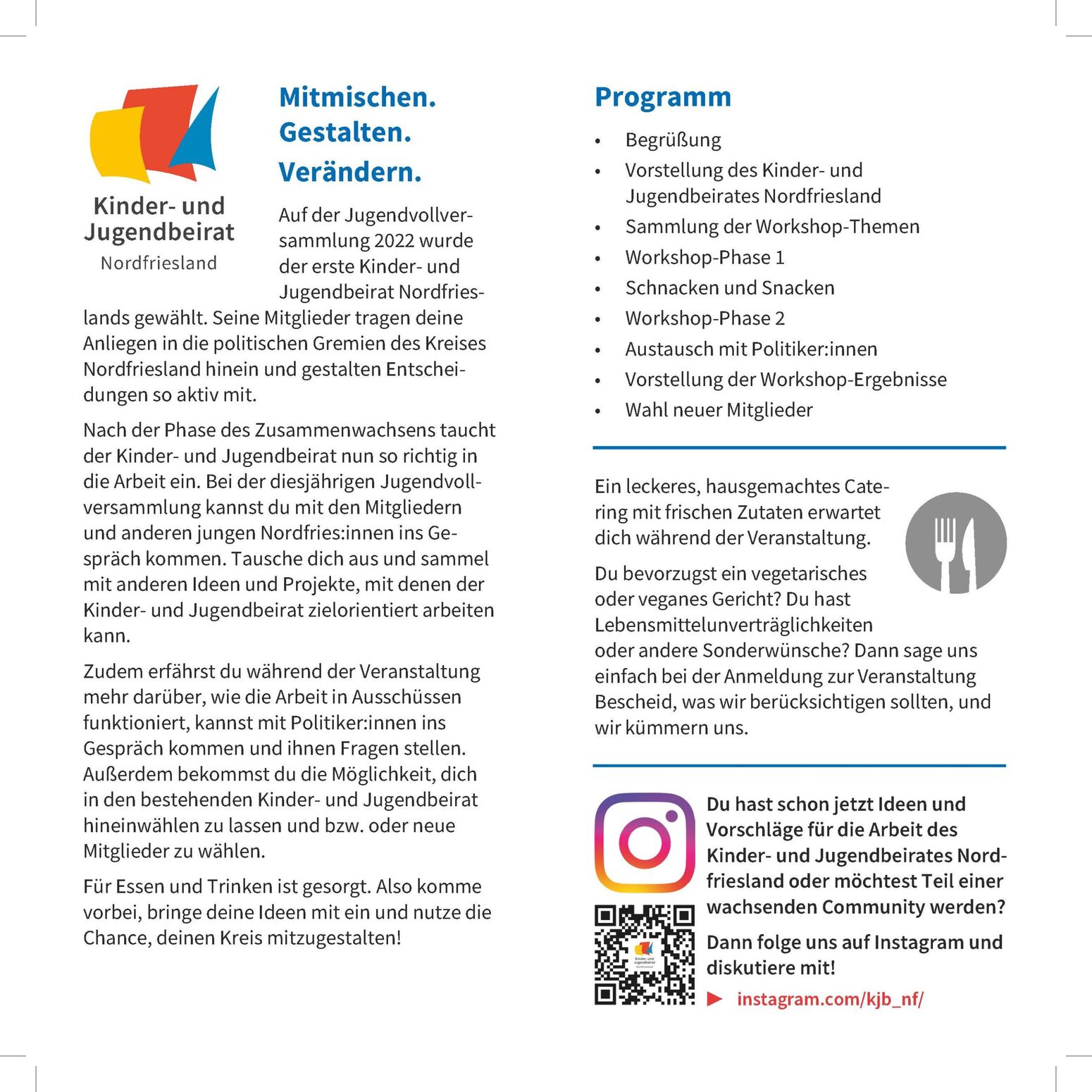 Flyer zum Thema "Jugendvollversammlung des Jugendbeirates in NF". Genannt sind Informationen zu der nächsten Vollversammlung und Informationen über den Jugendbeirat.