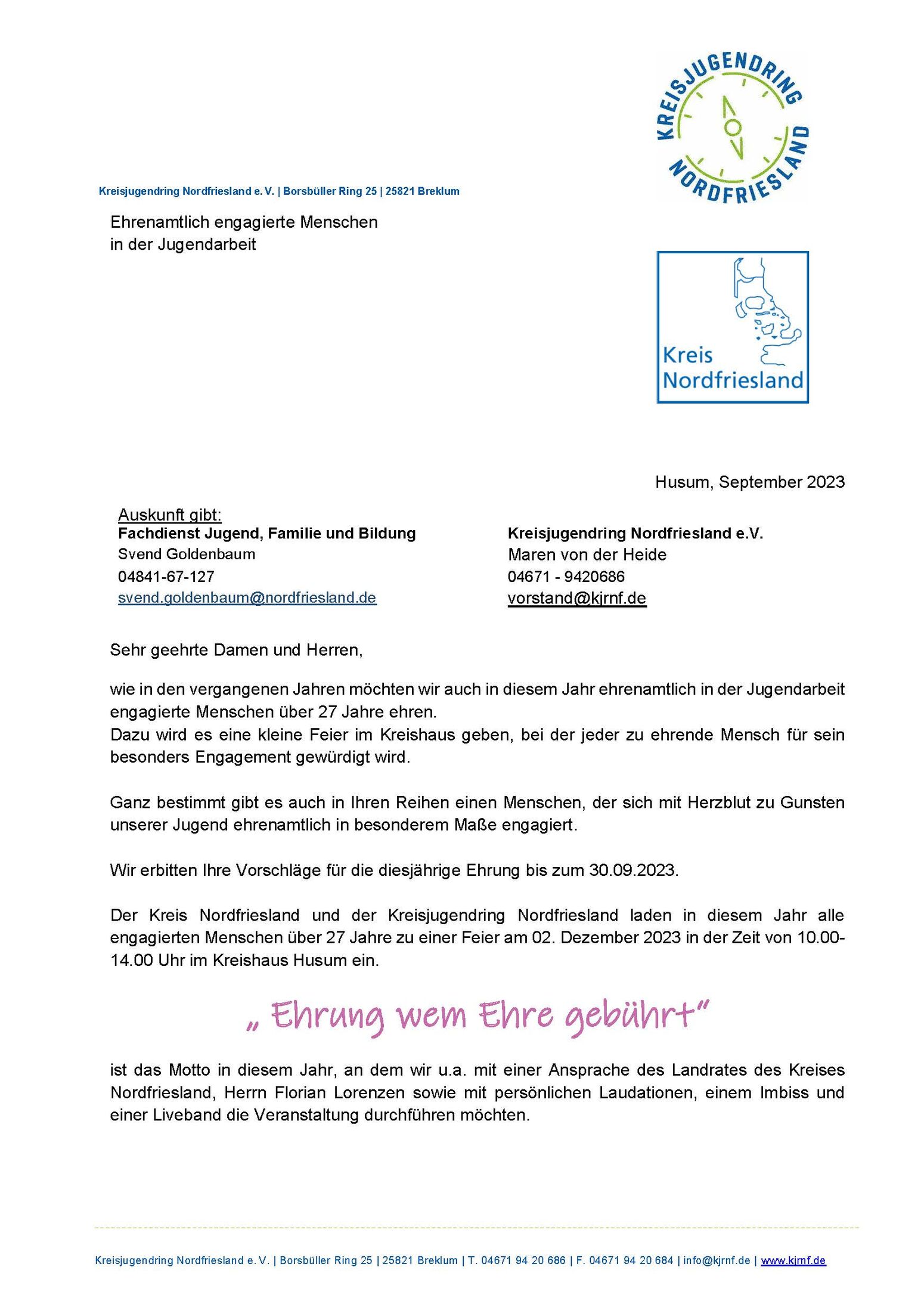 Anschreiben Ehrenamtstag. Das Bild zeigt das Anschreiben, in dem Leute eingeladen werden, besonders Engagierte für eine Ehrung vorzuschlagen.