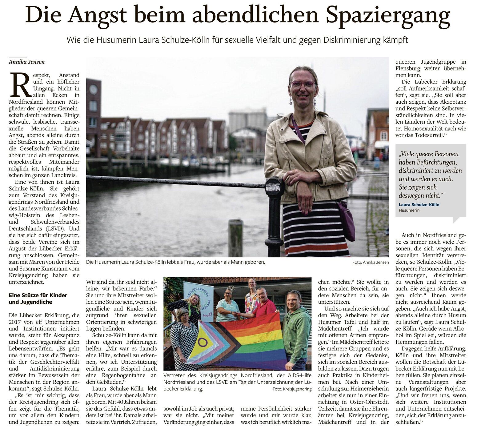 Zeitungsartikel zur Lübecker Erklärung. Der Zeitungsartikel handelt davon, wie die Husumerin Laura Schulze-Kölln für sexuelle Vielfalt kämpft.